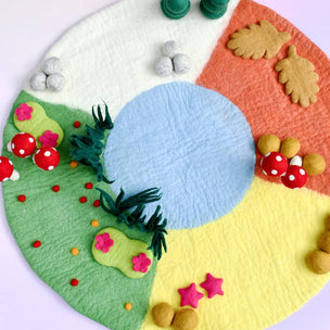 A circular felt craft decoration featuring four colored sections in white, orange, yellow, and green, with a central light blue circle. Decorative elements include felt grass, pink and red flowers, brown leaves, and red-and-white mushrooms, arranged on a pale pink background.
