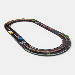 Candlylab Toys - Roadworks Playset | Oval Speedway-Toy race track set with two cars and packaging on a white background