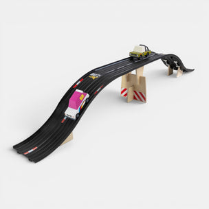 Toy car track set with cars on a white background
