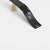 Black toy car track with a curved section on a white background