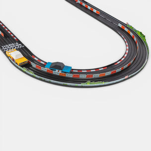 Candlylab Toys - Roadworks Playset | Oval Speedway-Toy race track set with two cars and packaging on a white background
