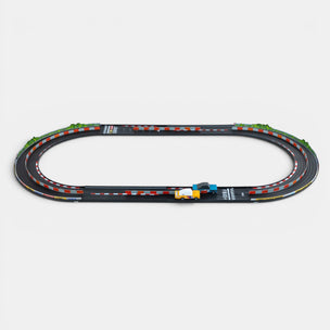 Candlylab Toys - Roadworks Playset | Oval Speedway-Toy race track set with two cars and packaging on a white background