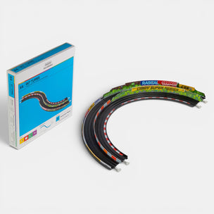 Model race track set with packaging on a white background