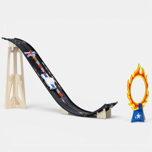Candylab Roadworks Playset | JumpToy race track with cars and a flame-themed trophy on a white background