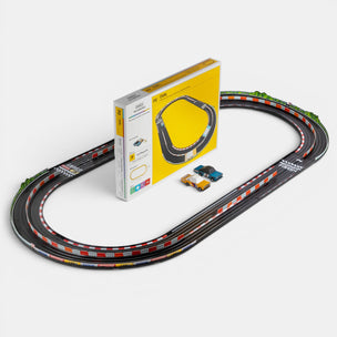 Candlylab Toys - Roadworks Playset | Oval Speedway-Toy race track set with two cars and packaging on a white background