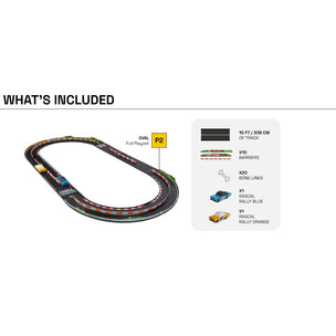 Candlylab Toys - Roadworks Playset | Oval Speedway-Toy race track set with two cars and packaging on a white background