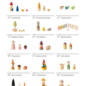 A catalog-style sheet showing multiple small wooden toy sets arranged in a grid, each labeled with a title such as 'Red yellow blue,' 'Among calendas,' 'Three in the water,' 'Summer tree,' 'Cat and mouse chase,' 'Tumble and fall,' 'Raspberry friends,' 'The shepherd,' 'Stacking homes,' 'King autumn,' 'Balance and fall,' 'Little sprouts,' 'Boo in the dark,' 'The fisherman,' 'The honey gatherer,' and '1.' The background is plain white.