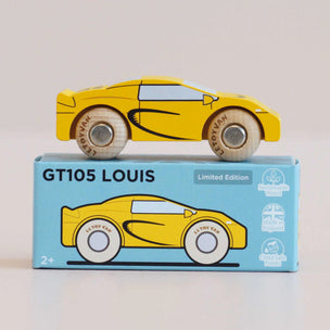 Wooden toy car on top of its packaging box with 'GT105 LOUIS' branding.