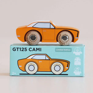 Orange toy car on top of its packaging box with 'GT125 CAMI' branding.