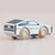 Wooden toy car with a white body and wooden wheels on a beige background
