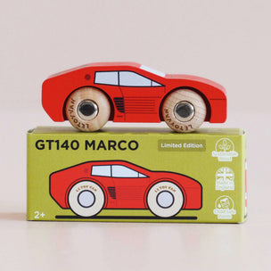 Red toy car on top of its packaging box with 'GT140 Marco' branding.