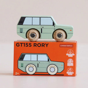 Toy car model on top of its packaging box with 'GT155 Rory' branding.