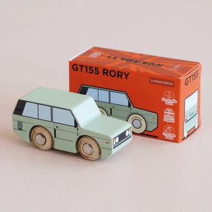 A mint green wooden toy car with natural wood wheels, shown in front of its orange retail box labeled 'GT155 RORY' on a plain beige background.
