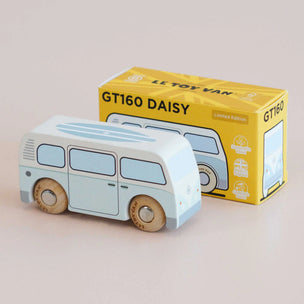 Wooden toy van with a yellow box labeled 'GT160 Daisy' on a beige background