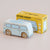 Wooden toy van with a yellow box labeled 'GT160 Daisy' on a beige background