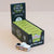 A display box of Le Toy Van 'Charlie' wooden car, showing multiple green individually wrapped wooden toy cars inside, with one white and red wooden car placed in front on a light beige background.