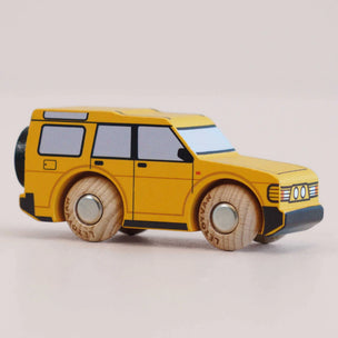 a detailed yellow car with. awheel on the back, the car is sideways so we get a sideways view 