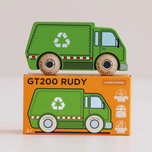 Green toy garbage truck on top of its packaging box with 'GT200 Rudy' branding.