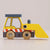 A wooden toy bulldozer with a bright yellow body, blue cab roof and exhaust, red and white striped side detail, and natural wood wheels, photographed on a plain light beige background.