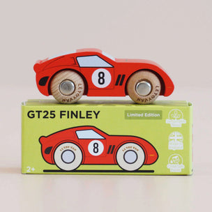 Wooden toy car with 'GT25 Finley' packaging on a light beige background