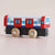 Wooden toy train car with red, white, and blue design on a beige background