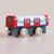 Wooden toy train car with red, white, and blue design on a beige background