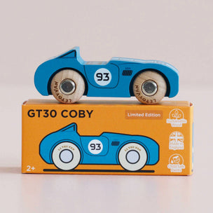 Blue toy car on top of its packaging box with 'GT30 Coby' branding.