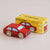 A red wooden toy car with natural wood wheels, shown in front of its yellow packaging box labeled 'LL TOY VAN GT50 GARY'.