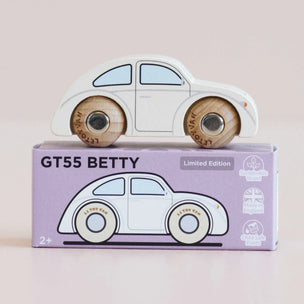 Wooden toy car with wooden wheels on top of its packaging box, which has 'GT55 Betty' branding.