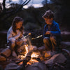 Two children roasting marshmallows over a campfire in a natural setting.