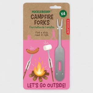 Packaging of Huckleberry Campfire Forks with illustrations on a pink background
