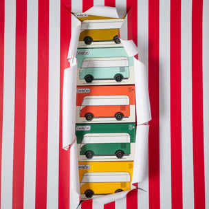Colorful tie with vintage van design on a red and white striped background