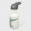 White water bottle with dinosaur design and gray lid on a white background