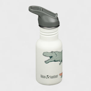 White water bottle with gray lid featuring a crocodile design and Klean Kanteen branding on a white background.