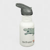 White water bottle with gray lid featuring a crocodile design and Klean Kanteen branding on a white background.
