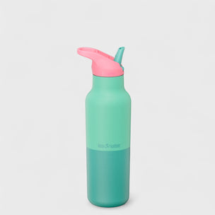 Green water bottle with pink spout on a light gray background