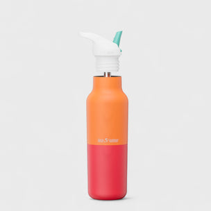 Two-toned orange and red water bottle with a white cap on a light gray background