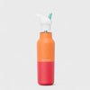 Two-toned orange and red water bottle with a white cap on a light gray background