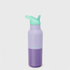 Purple water bottle with a green lid on a light gray background