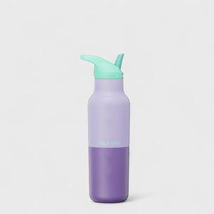 Purple water bottle with a green straw lid on a light gray background