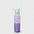 Purple water bottle with a green straw lid on a light gray background