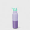 Purple water bottle with a green straw lid on a light gray background