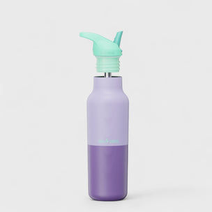 Purple water bottle with a green straw lid on a light gray background