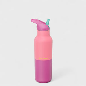 Pink water bottle with a colorful lid on a light gray background