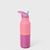 Pink water bottle with a colorful lid on a light gray background