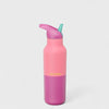 Pink water bottle with a colorful lid on a light gray background