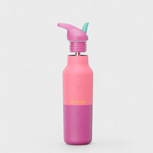 Pink and purple water bottle with a straw lid on a light gray background