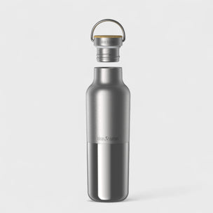 Silver water bottle with a visible brand logo on a light gray background