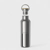 Silver water bottle with a visible brand logo on a light gray background