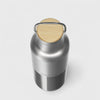 Silver thermos with a wooden lid on a white background